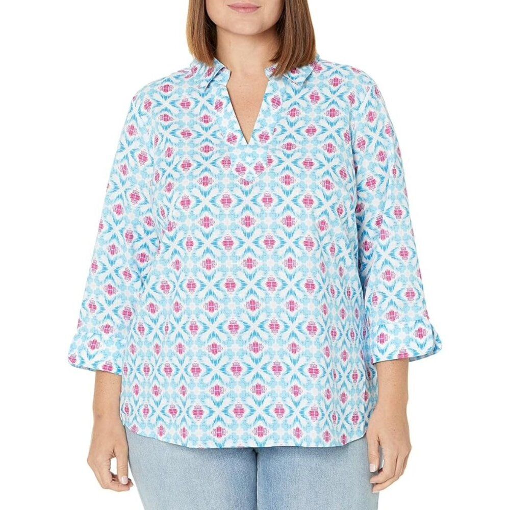 Foxcroft Blue and Pink Patterned Blouse
